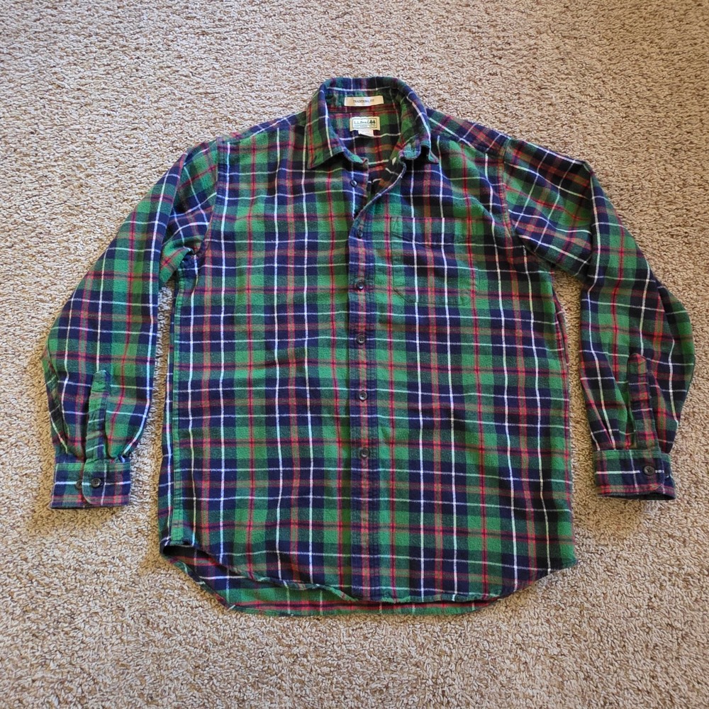 LL Bean Mens Flannel Shirt Medium Traditional Fit Green Navy Plaid 228061‎